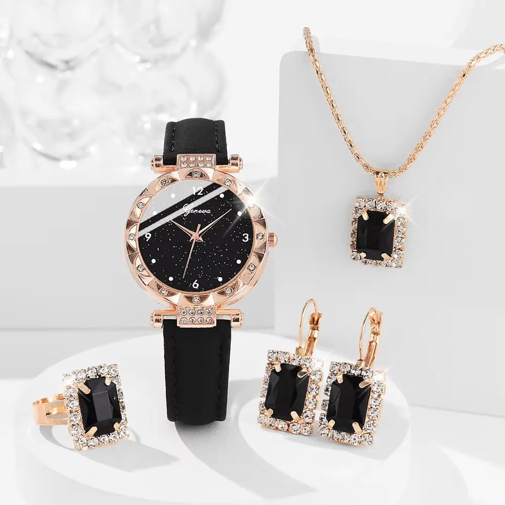 Luxury Women’s Watch & Jewelry Set – Rhinestone Elegance (5-Piece Gift Set)