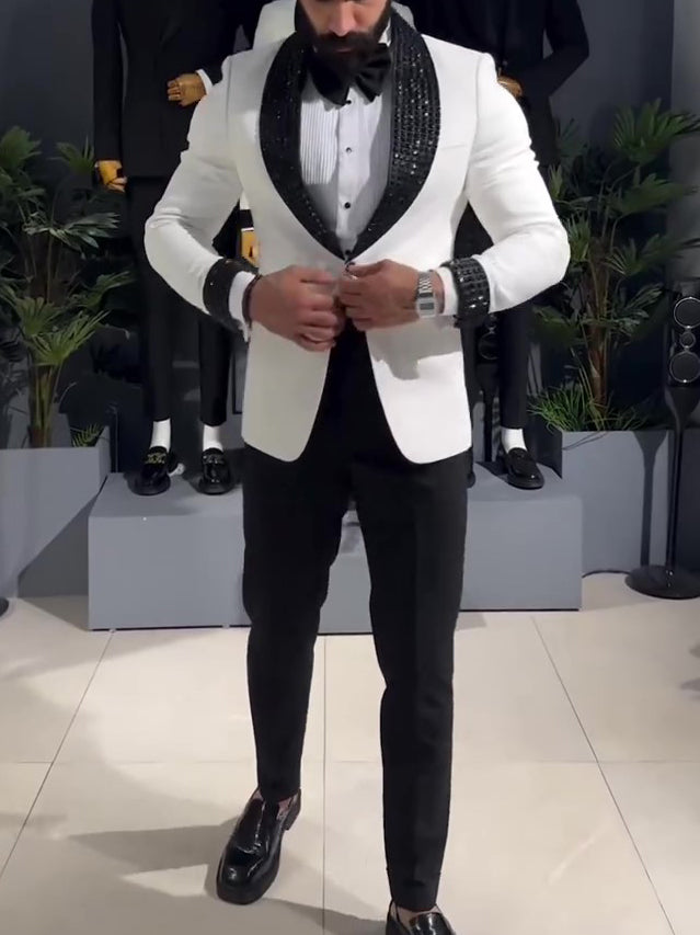 Stylist Frantz Signature White Tuxedo – Black Sequin Lapel Jacket