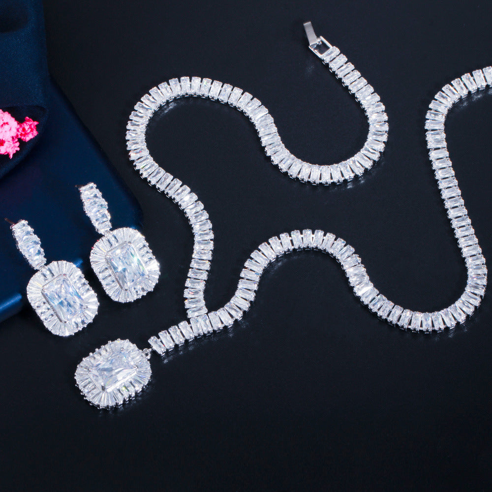 Platinum Zircon Luxury Jewelry Set – Necklace & Earrings for Women | Wedding & Evening Elegance