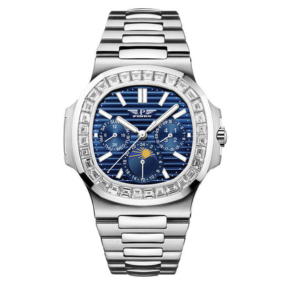 Luxury Men’s Diamond Watch – Blue Face Square Dial, Stainless Steel