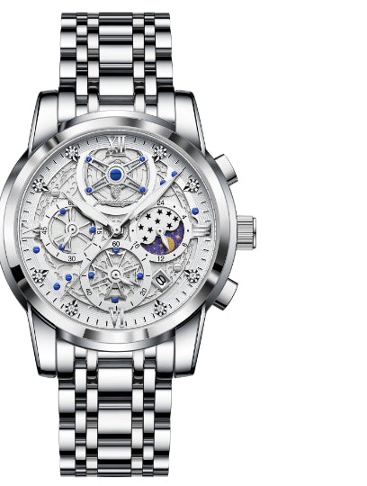 Luxury Waterproof Skeleton Men’s Watch – Gold & Blue Large Dial Stainless Steel Watch