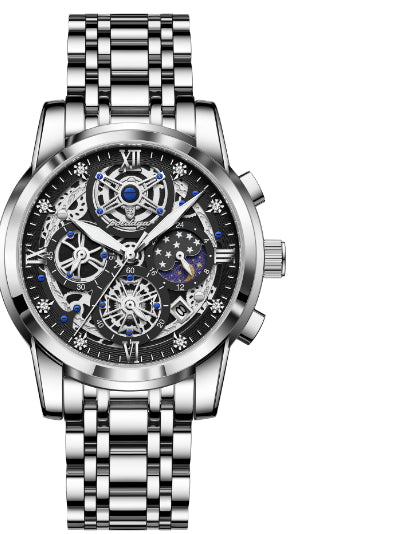 Luxury Waterproof Skeleton Men’s Watch – Gold & Blue Large Dial Stainless Steel Watch