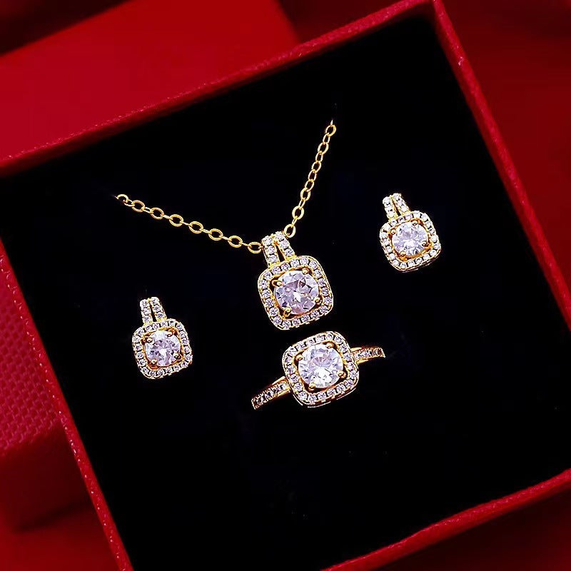 Luxury Zircon Bridal Jewelry Set – Gold Necklace, Earrings & Ring Set for Women