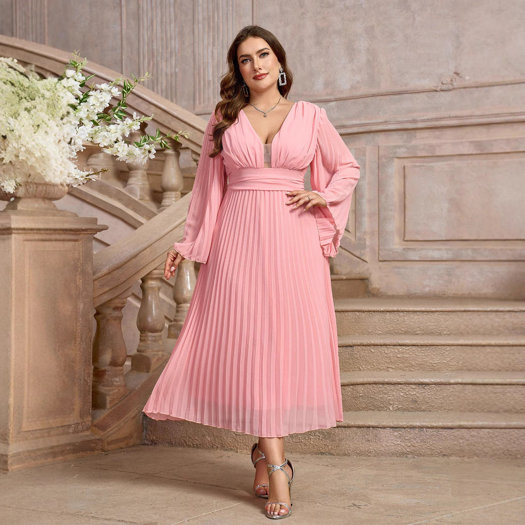 STYLIST FRANTZ™ Plus Size Elegant V-Neck Long Sleeve Pleated Dress – Luxury Flow Fit