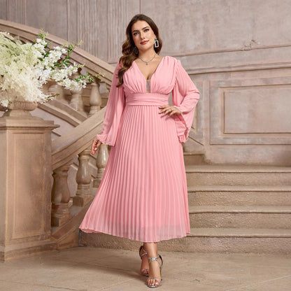 STYLIST FRANTZ™ Plus Size Elegant V-Neck Long Sleeve Pleated Dress – Luxury Flow Fit