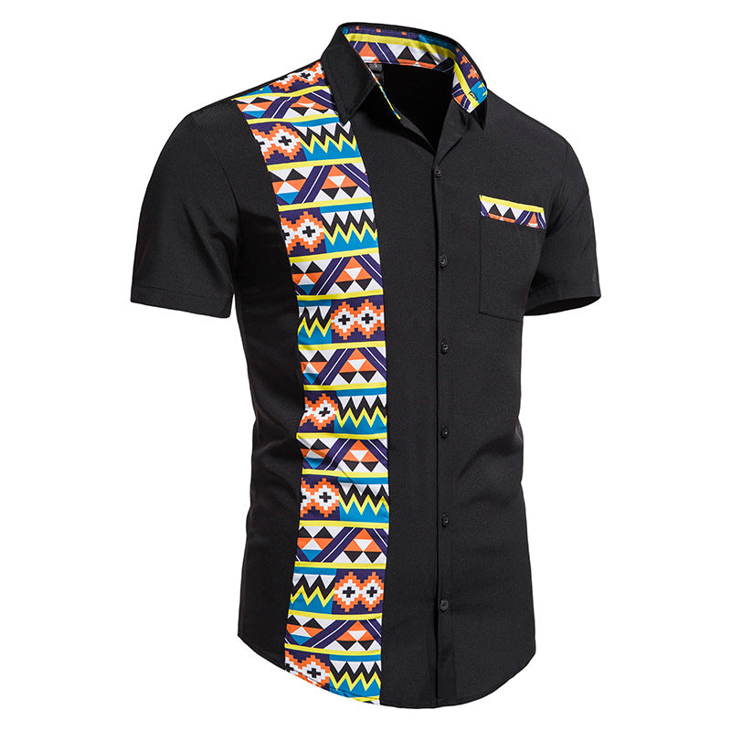 STYLIST FRANTZ™ Men’s African Print Stitching Button Shirt – Short Sleeve Luxury Style