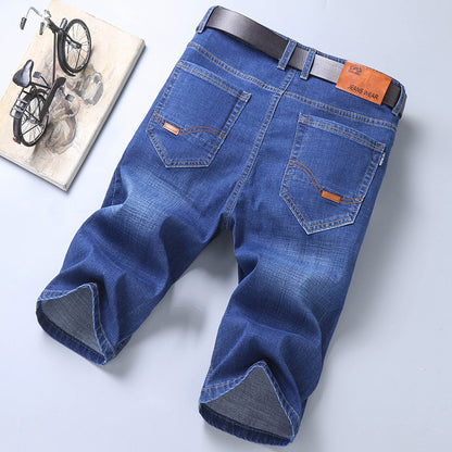 Men’s Elastic Waist Straight Denim Shorts – Mid Waist Loose Fit