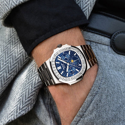 Luxury Men’s Diamond Watch – Blue Face Square Dial, Stainless Steel