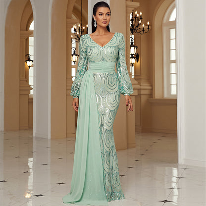 STYLIST FRANTZ™ Custom Luxury Long Sleeve Sexy Long Sequined V-neck Banquet Ribbon Evening Dress