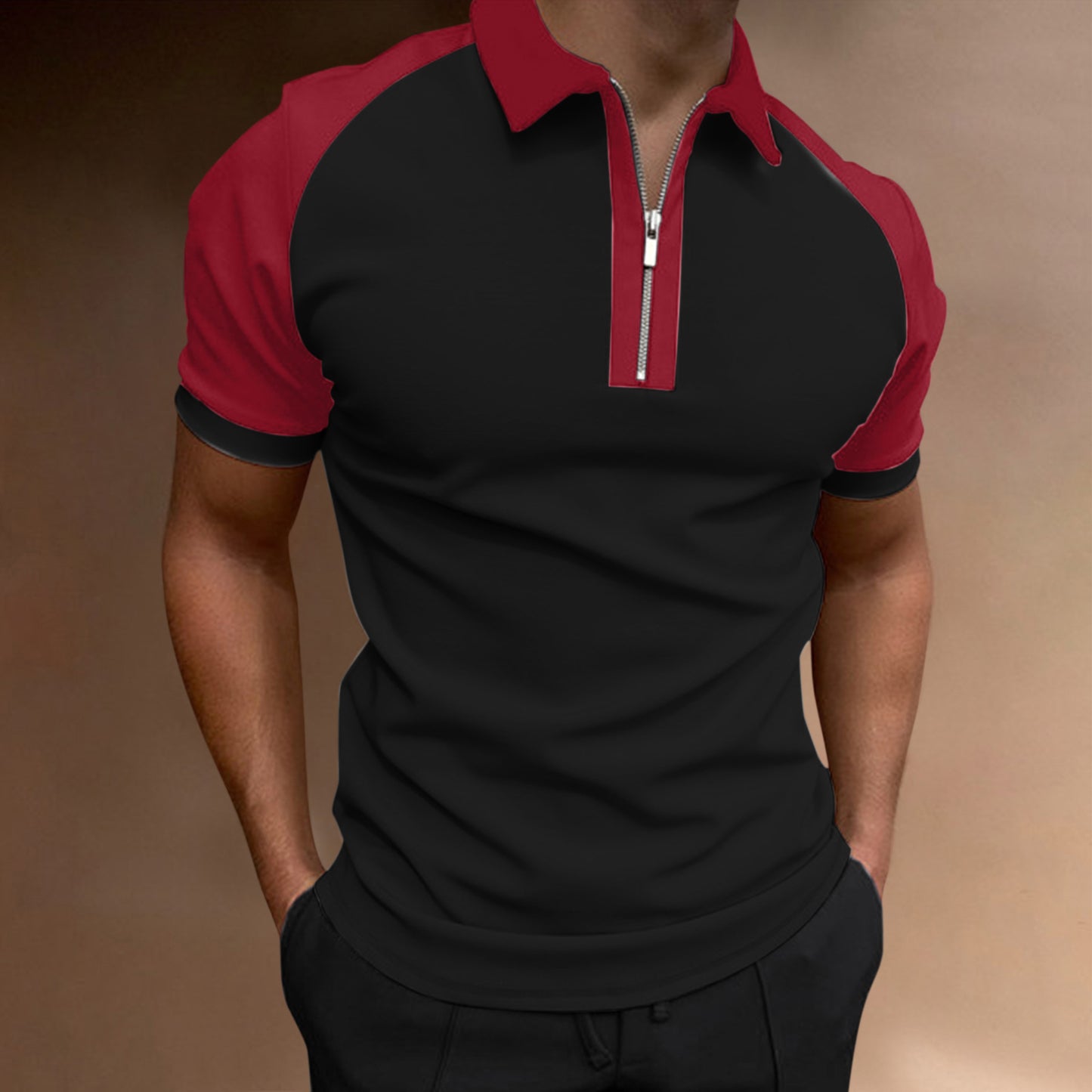 Men’s Luxury Color-Block Zipper Polo Shirt – Raglan Sleeve Casual Top
