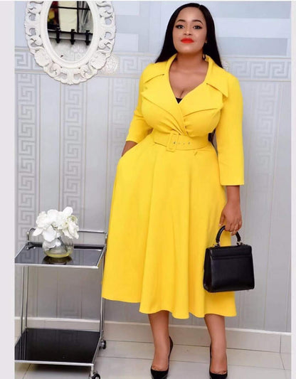 STYLIST FRANTZ™ Elegant Deep V-Neck Midi Dress – Plus Size Solid Color Luxury Fit