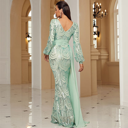 STYLIST FRANTZ™ Custom Luxury Long Sleeve Sexy Long Sequined V-neck Banquet Ribbon Evening Dress