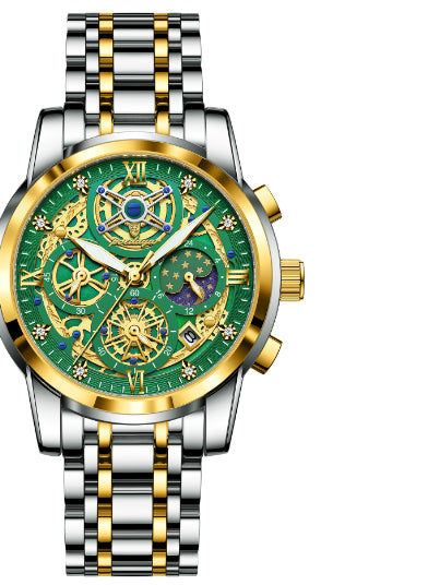 Luxury Waterproof Skeleton Men’s Watch – Gold & Blue Large Dial Stainless Steel Watch