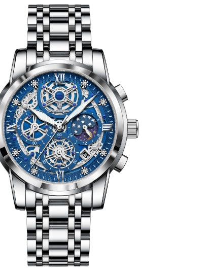 Luxury Waterproof Skeleton Men’s Watch – Gold & Blue Large Dial Stainless Steel Watch