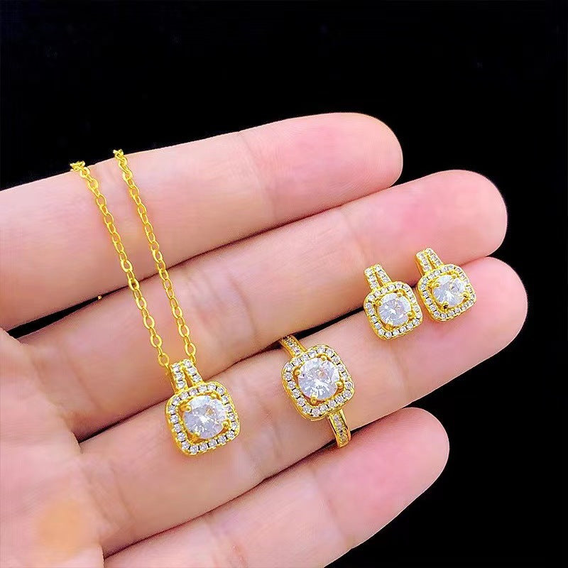 Luxury Zircon Bridal Jewelry Set – Gold Necklace, Earrings & Ring Set for Women