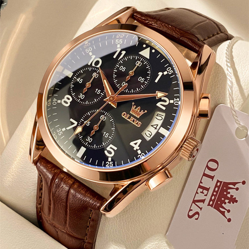 OLEVS Luxury Men’s Waterproof Quartz Watch – Luminous Dial & Premium Leather Strap