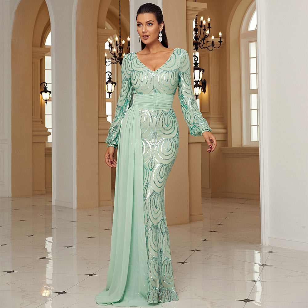 STYLIST FRANTZ™ Custom Luxury Long Sleeve Sexy Long Sequined V-neck Banquet Ribbon Evening Dress