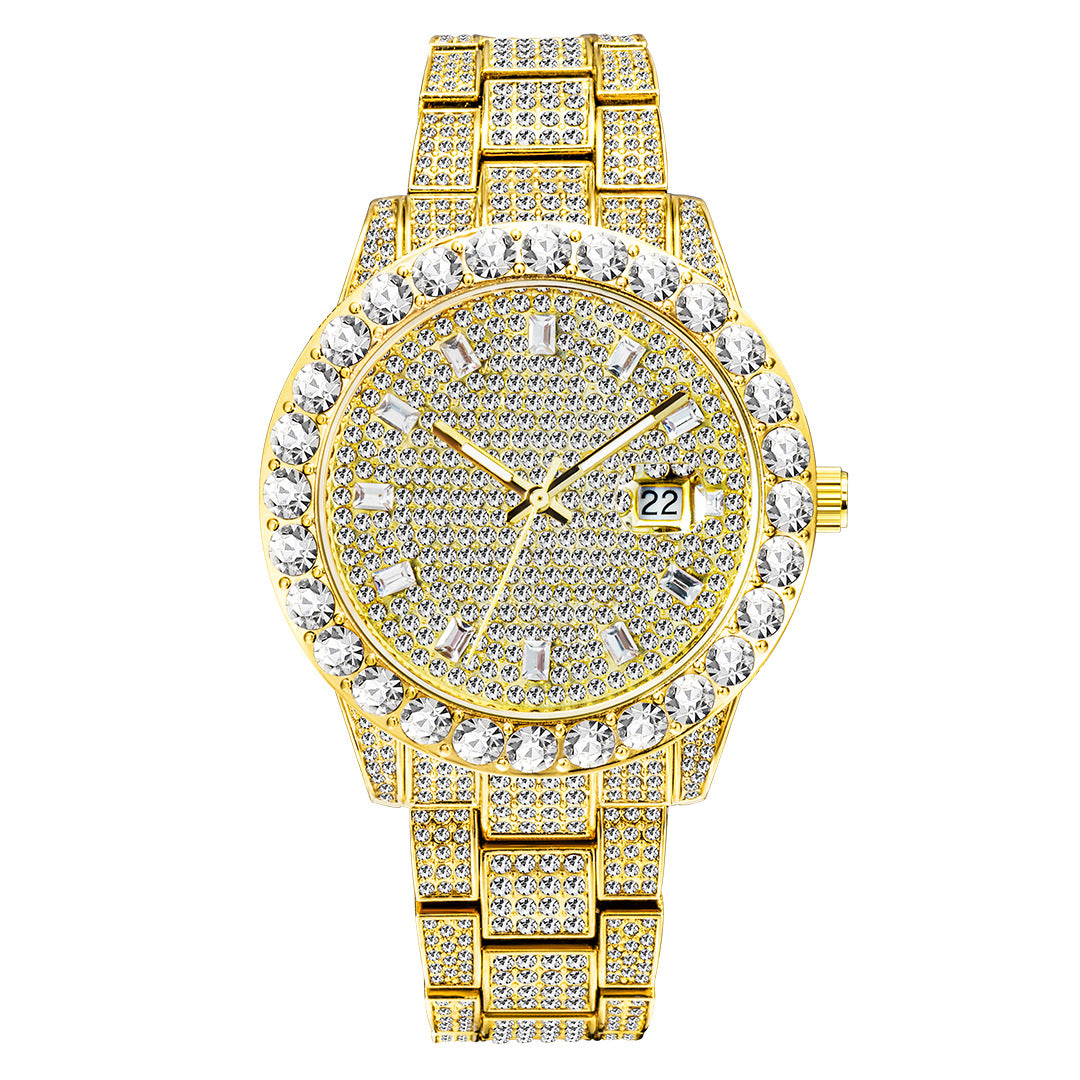 Luxury Gold Diamond Watch – Large Dial Stainless Steel Men’s Watch
