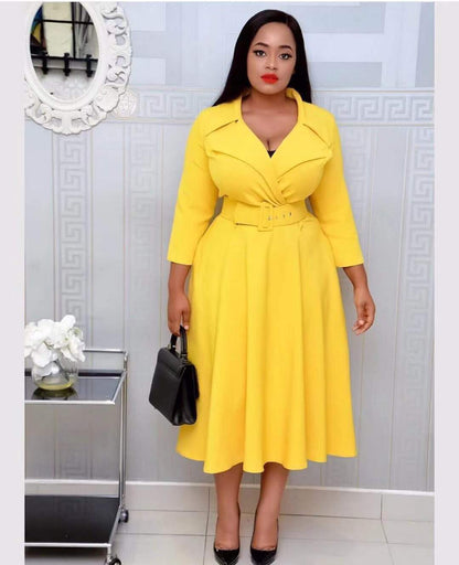 STYLIST FRANTZ™ Elegant Deep V-Neck Midi Dress – Plus Size Solid Color Luxury Fit