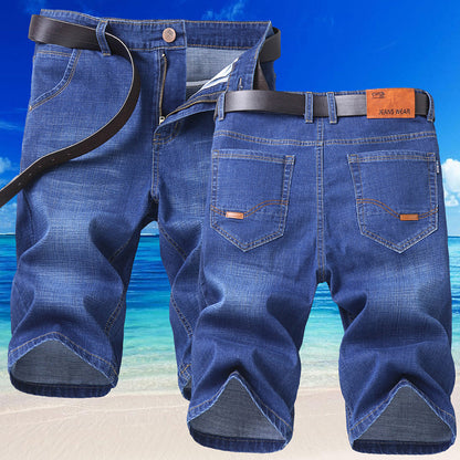 Men’s Elastic Waist Straight Denim Shorts – Mid Waist Loose Fit