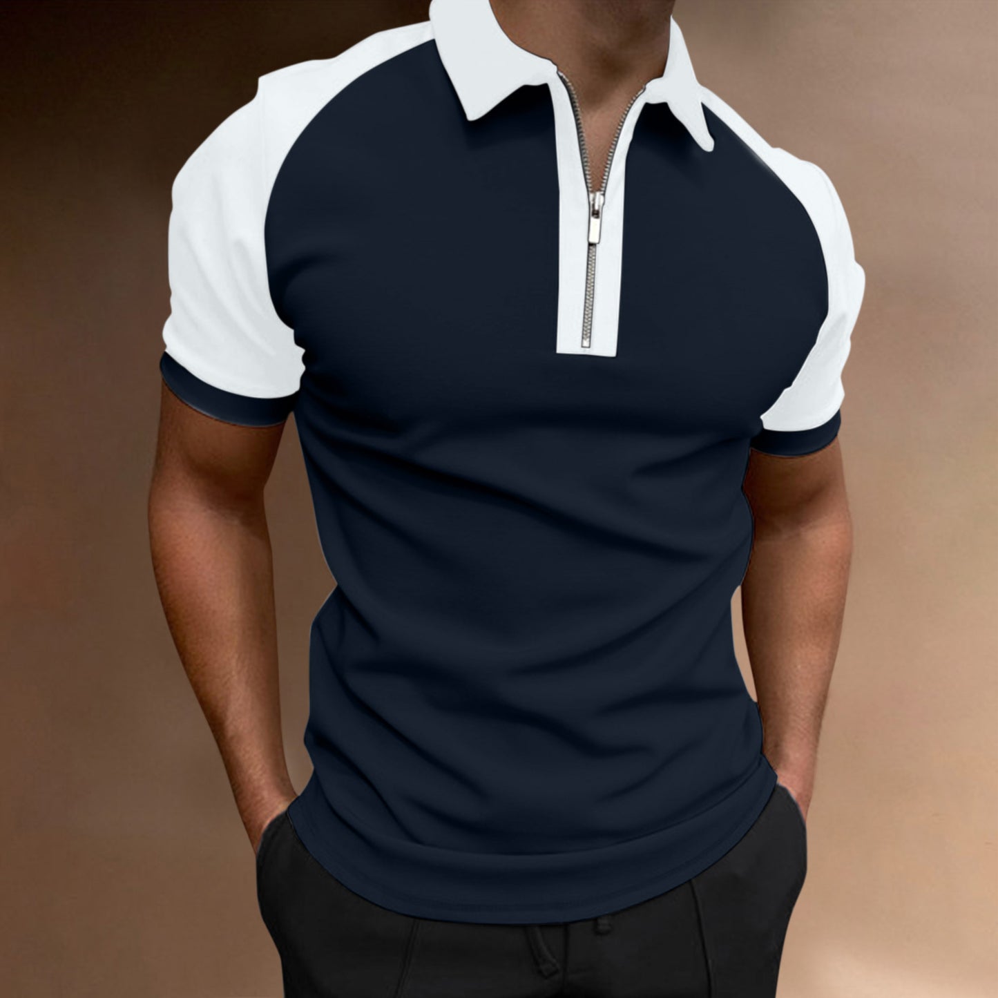 Men’s Luxury Color-Block Zipper Polo Shirt – Raglan Sleeve Casual Top
