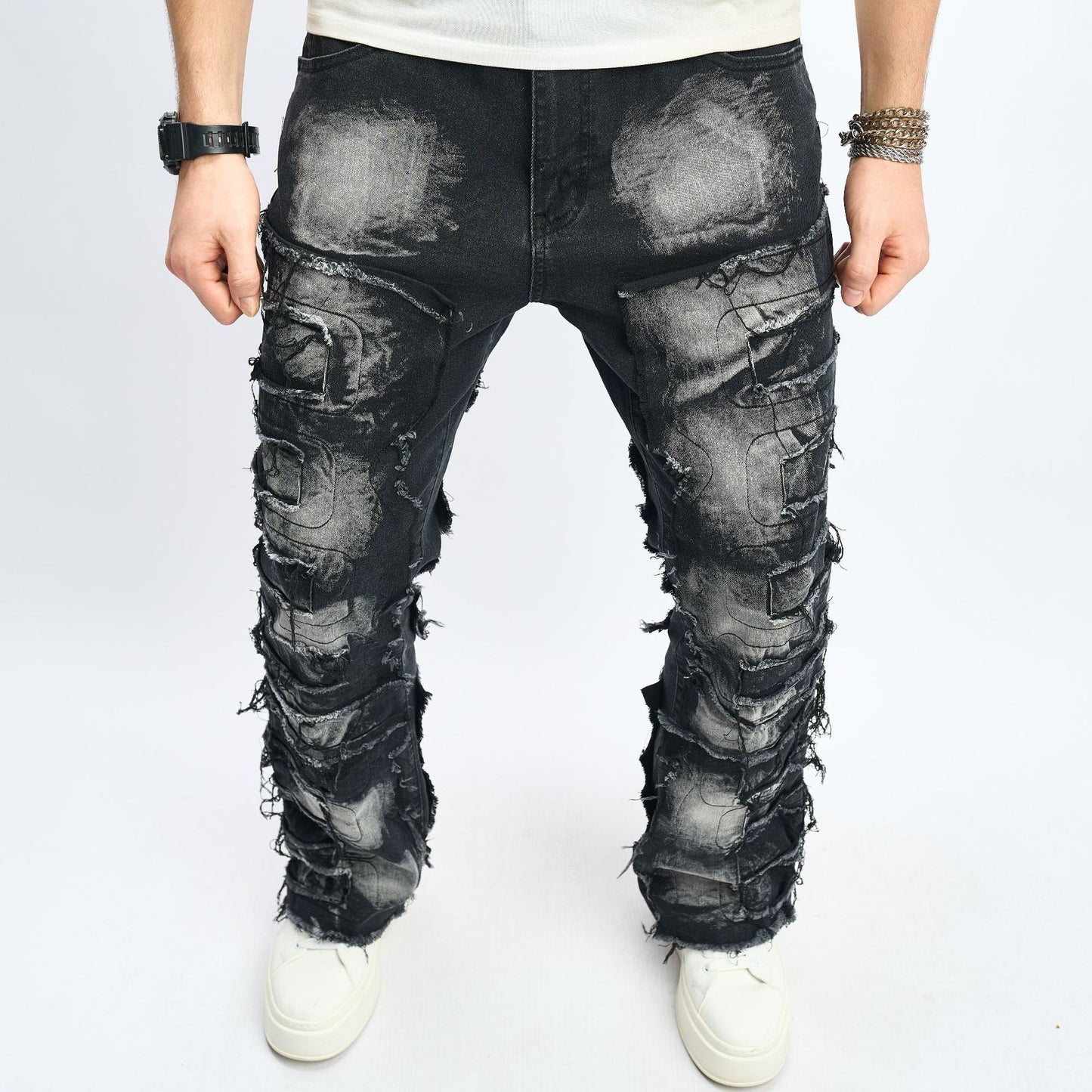 Men’s Stacked Distressed Streetwear Jeans – Free Alterations