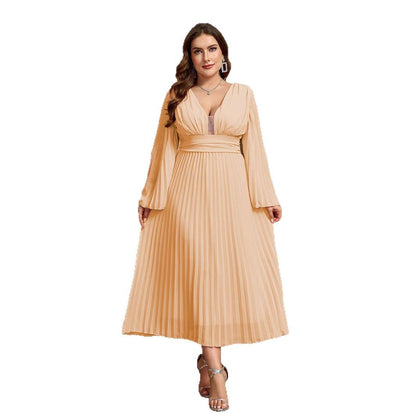 STYLIST FRANTZ™ Plus Size Elegant V-Neck Long Sleeve Pleated Dress – Luxury Flow Fit