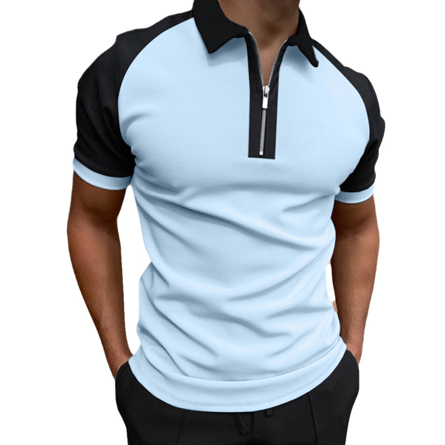 Men’s Luxury Color-Block Zipper Polo Shirt – Raglan Sleeve Casual Top