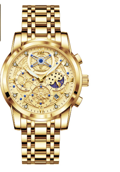 Luxury Waterproof Skeleton Men’s Watch – Gold & Blue Large Dial Stainless Steel Watch