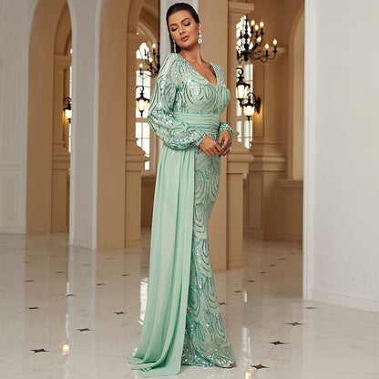 STYLIST FRANTZ™ Custom Luxury Long Sleeve Sexy Long Sequined V-neck Banquet Ribbon Evening Dress
