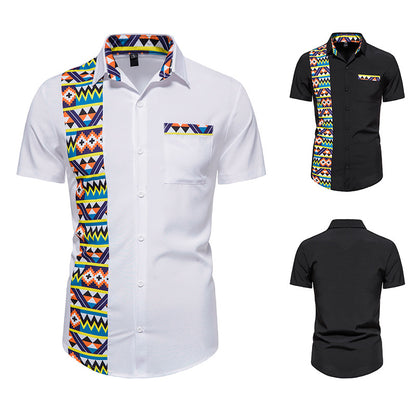 STYLIST FRANTZ™ Men’s African Print Stitching Button Shirt – Short Sleeve Luxury Style