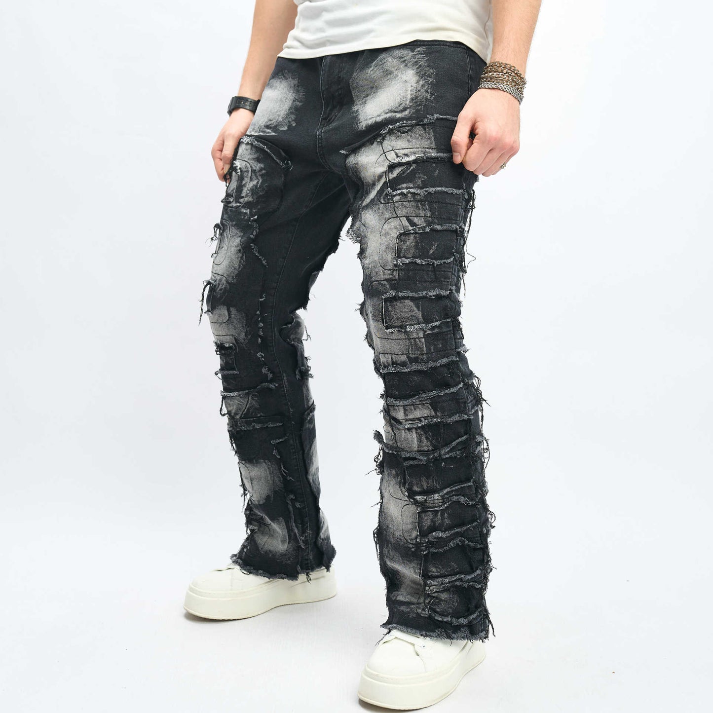 Men’s Stacked Distressed Streetwear Jeans – Free Alterations