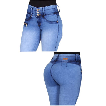Women's blue button zipper jeans