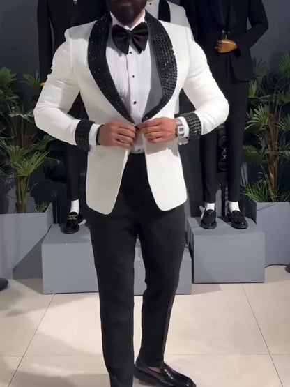 Stylist Frantz Signature White Tuxedo – Black Sequin Lapel Jacket