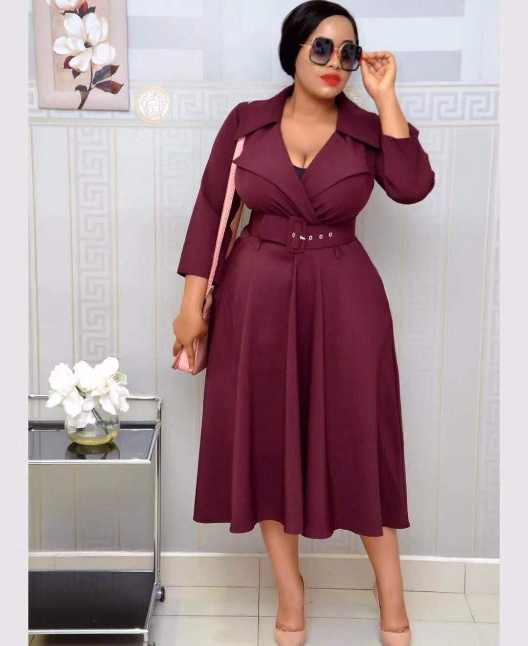 STYLIST FRANTZ™ Elegant Deep V-Neck Midi Dress – Plus Size Solid Color Luxury Fit