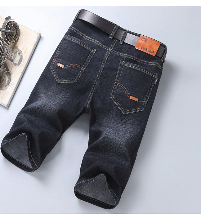 Men’s Elastic Waist Straight Denim Shorts – Mid Waist Loose Fit