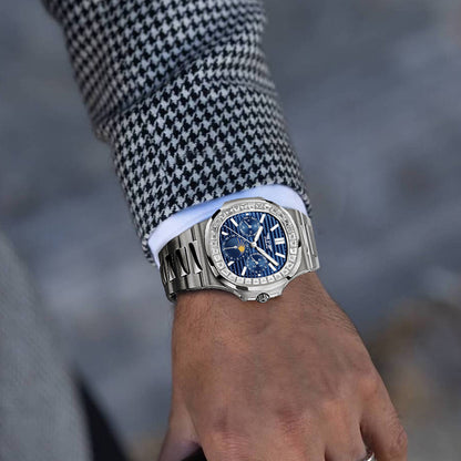 Luxury Men’s Diamond Watch – Blue Face Square Dial, Stainless Steel