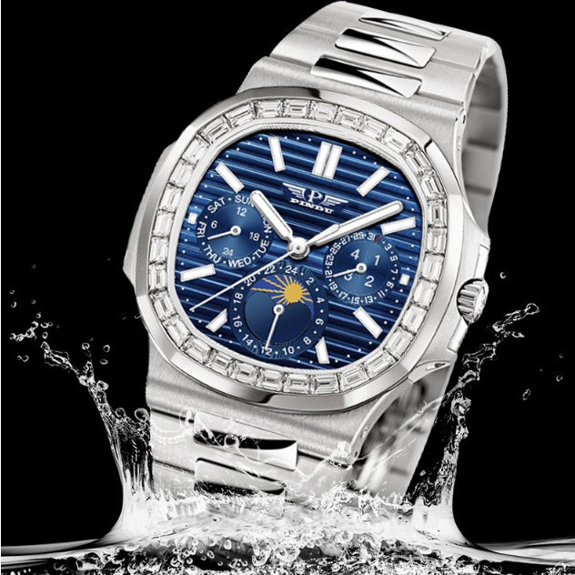 Luxury Men’s Diamond Watch – Blue Face Square Dial, Stainless Steel