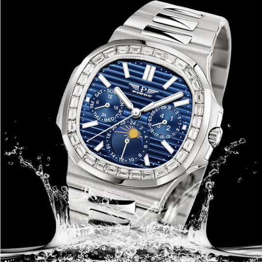 Luxury Men’s Diamond Watch – Blue Face Square Dial, Stainless Steel
