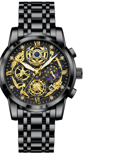 Luxury Waterproof Skeleton Men’s Watch – Gold & Blue Large Dial Stainless Steel Watch