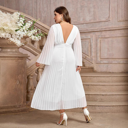 STYLIST FRANTZ™ Plus Size Elegant V-Neck Long Sleeve Pleated Dress – Luxury Flow Fit