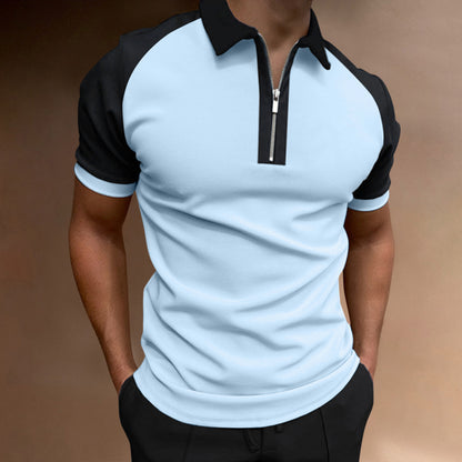 Men’s Luxury Color-Block Zipper Polo Shirt – Raglan Sleeve Casual Top