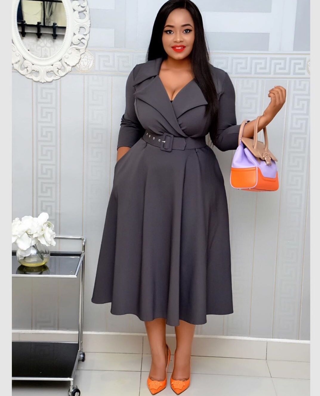 STYLIST FRANTZ™ Elegant Deep V-Neck Midi Dress – Plus Size Solid Color Luxury Fit