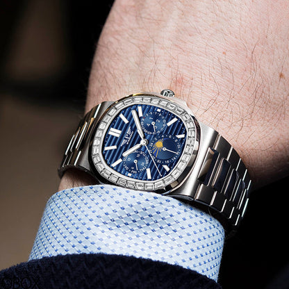 Luxury Men’s Diamond Watch – Blue Face Square Dial, Stainless Steel