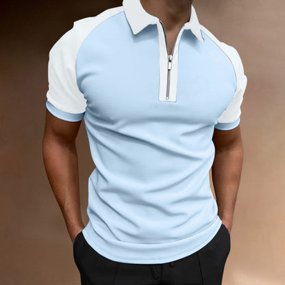 Men’s Luxury Color-Block Zipper Polo Shirt – Raglan Sleeve Casual Top