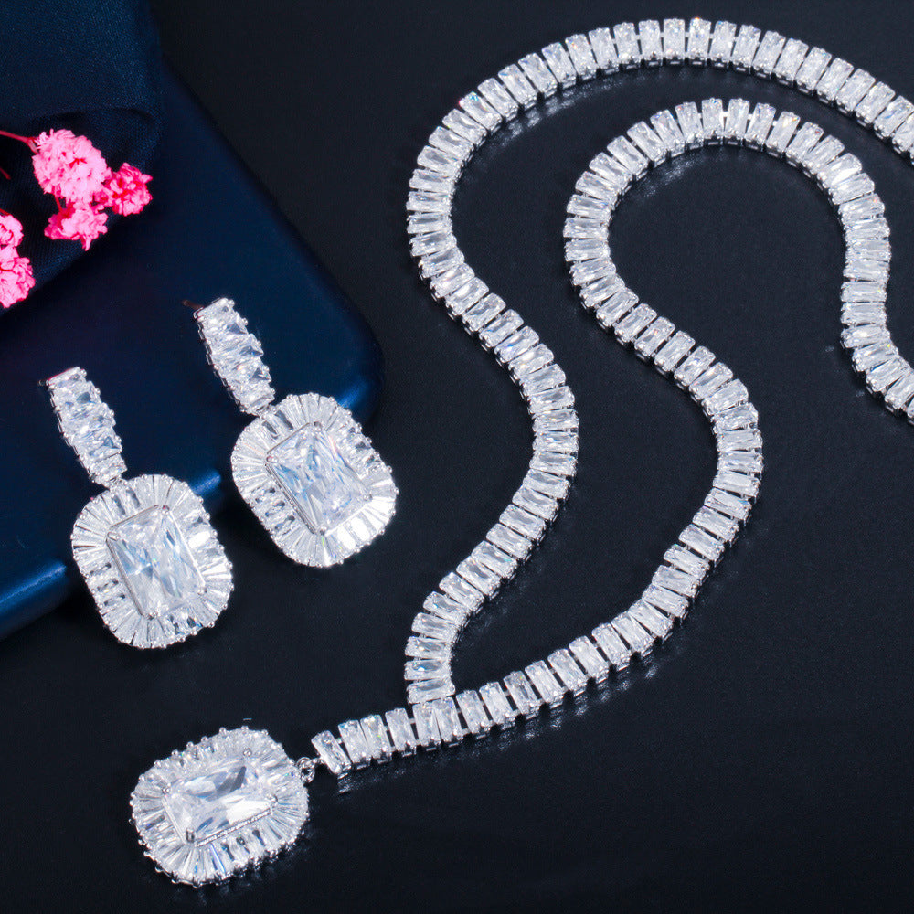 Platinum Zircon Luxury Jewelry Set – Necklace & Earrings for Women | Wedding & Evening Elegance