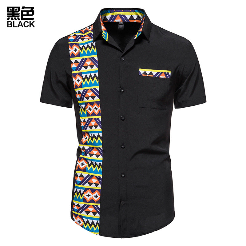 STYLIST FRANTZ™ Men’s African Print Stitching Button Shirt – Short Sleeve Luxury Style