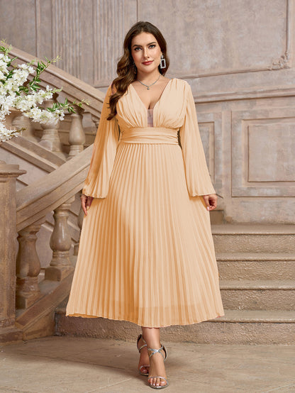 STYLIST FRANTZ™ Plus Size Elegant V-Neck Long Sleeve Pleated Dress – Luxury Flow Fit