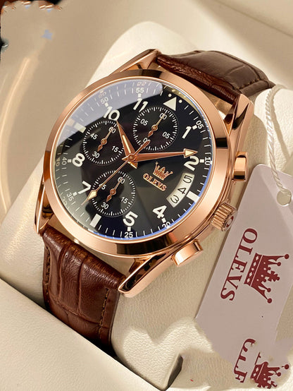 OLEVS Luxury Men’s Waterproof Quartz Watch – Luminous Dial & Premium Leather Strap