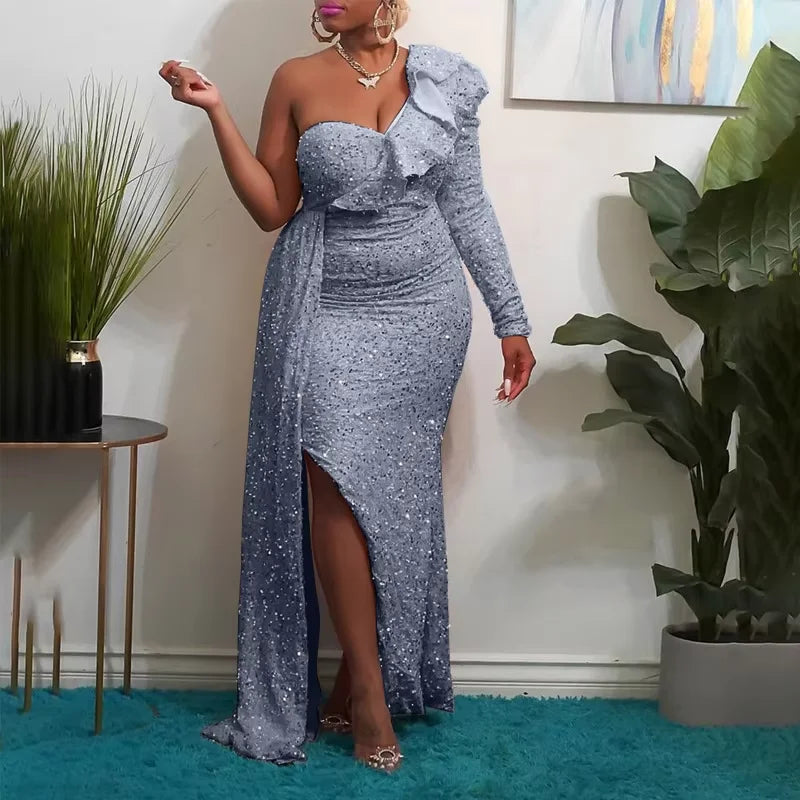 Signature One-Shoulder Evening Gown – Sculpted Mesh Elegance by Stylist Frantz